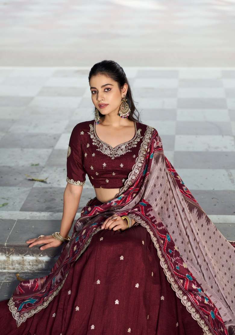 Maroon Sequin Work Silk Blend Lehenga Set for Diwali and Festive Wear - Indya
