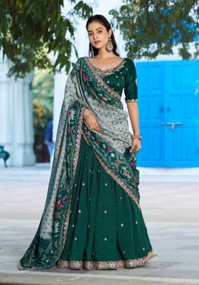 Green Sequin Work Silk Blend Lehenga Set