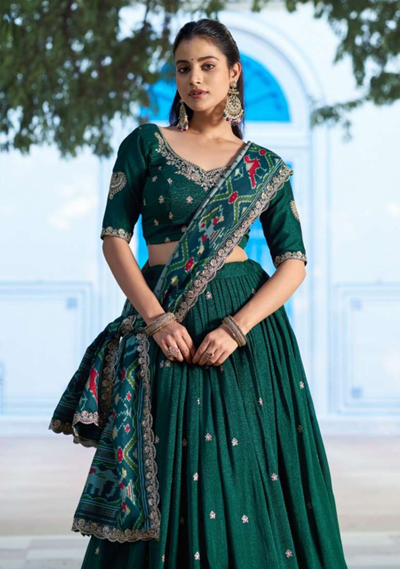 Green Sequin Work Silk Blend Lehenga Set for Diwali and Festive Wear - Indya