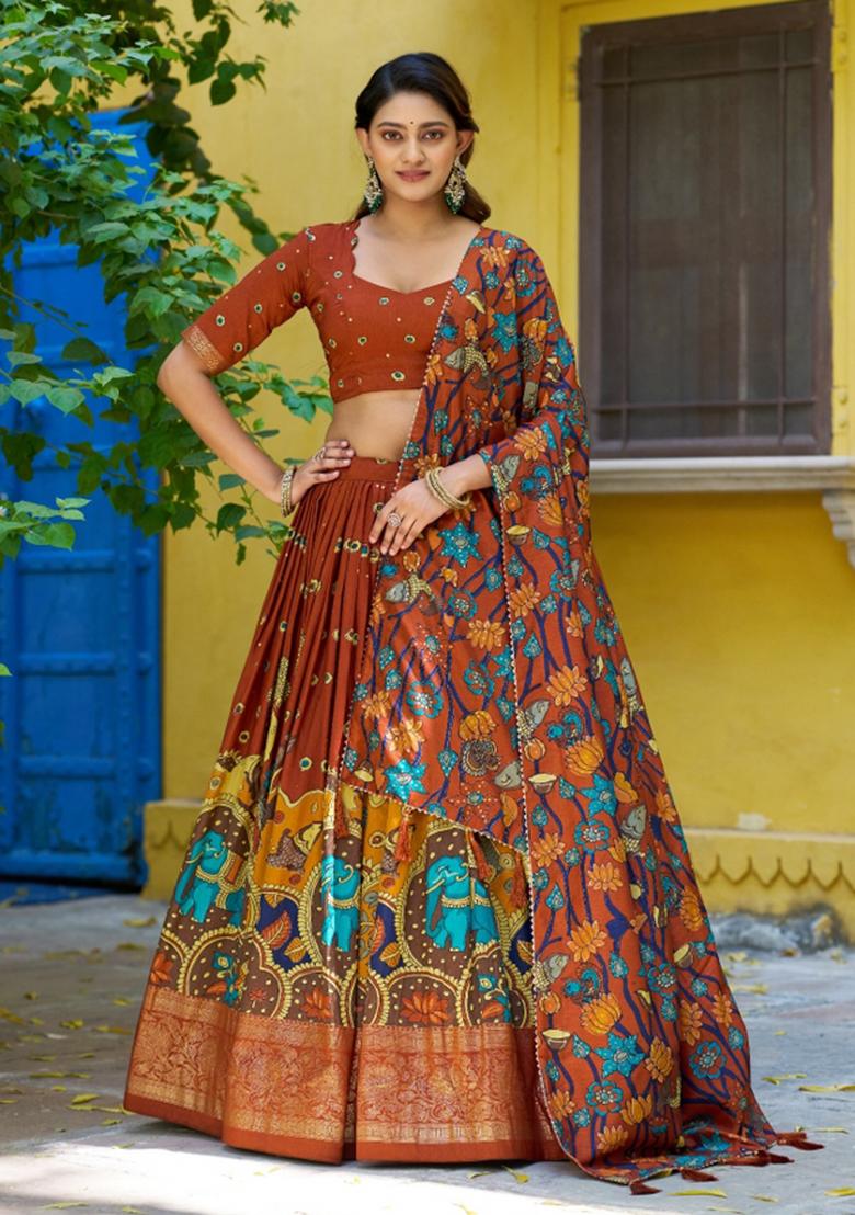 Orange Printed Silk Blend Lehenga Set - Indya