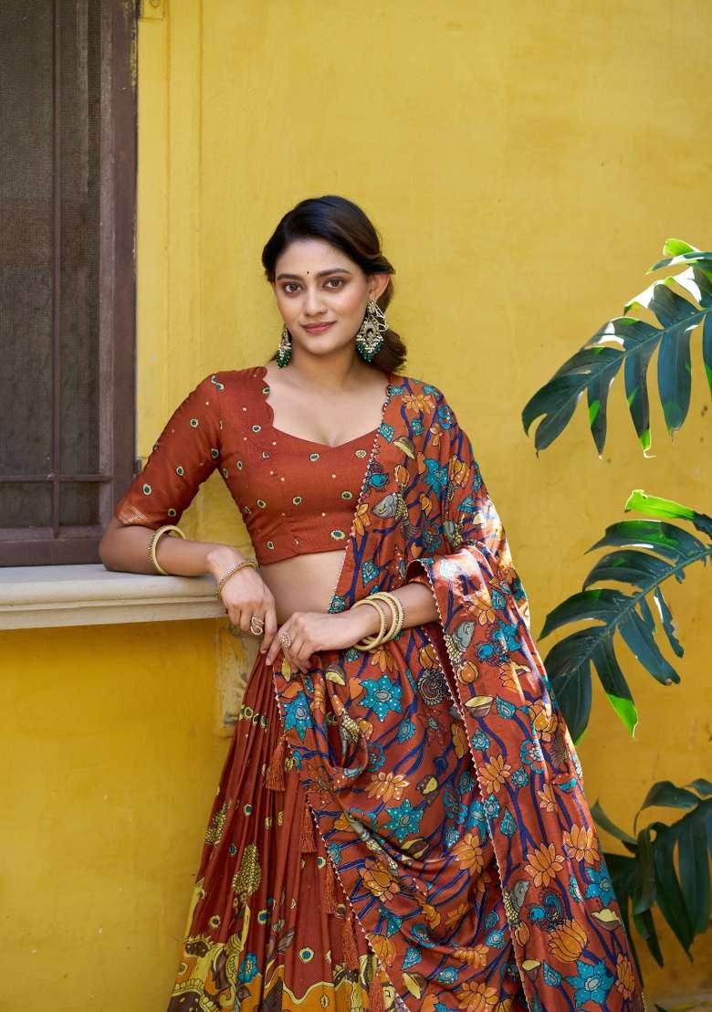 Orange Printed Silk Blend Lehenga Set for Diwali and Festive Wear - Indya