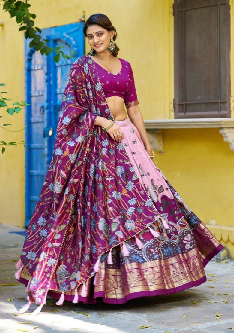 Pink Silk Blend Lehenga Set with Printed for Diwali | Wedding & Festive Wear - Indya