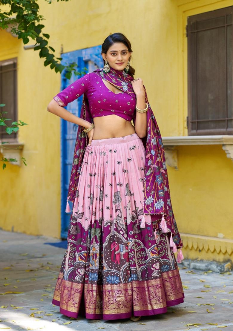 Pink Printed Silk Blend Lehenga Set - Indya