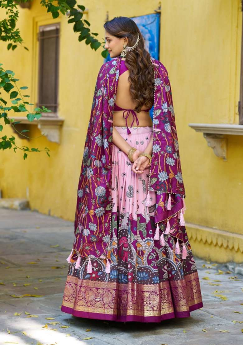 Pink Silk Blend Lehenga Set with Printed for Diwali | Wedding & Festive Wear - Indya