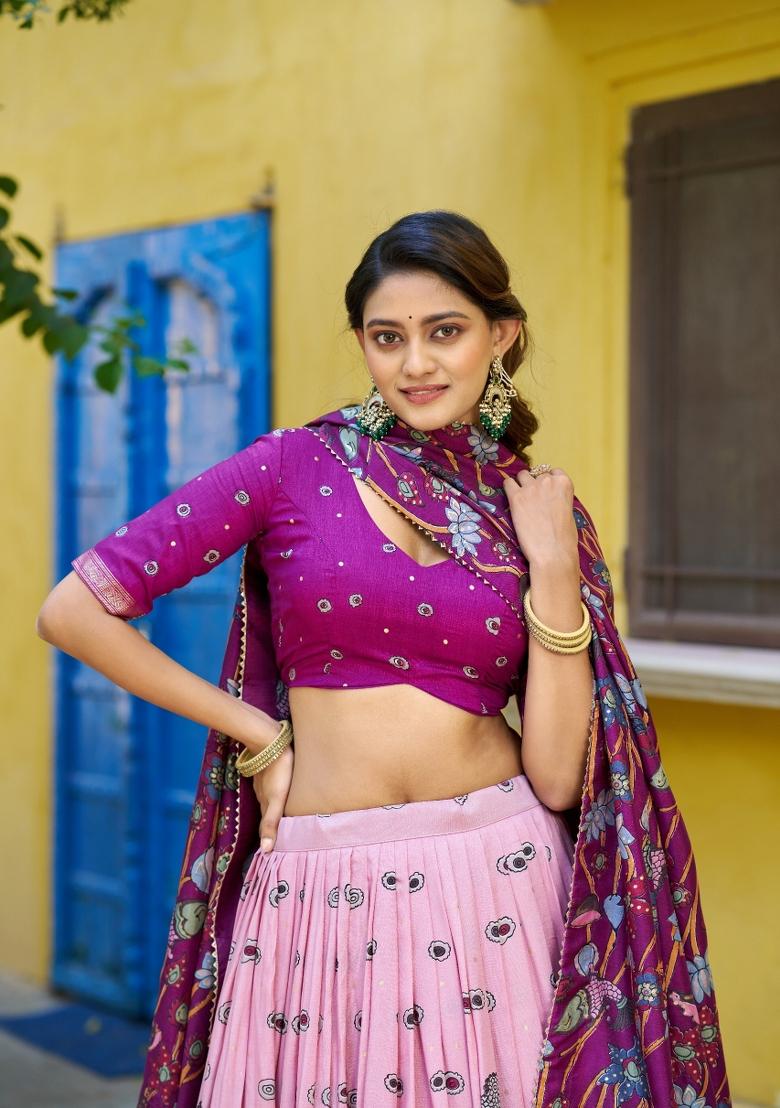 Pink Printed Silk Blend Lehenga Set - Indya