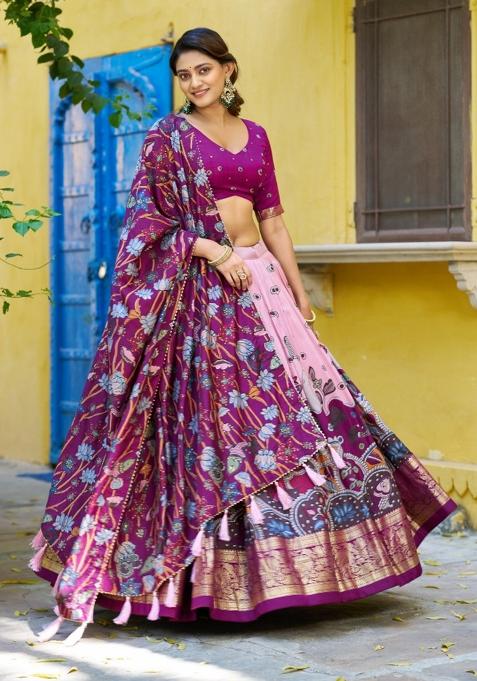 Pink Printed Silk Blend Lehenga Set