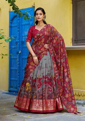 Grey Printed Silk Blend Lehenga Set
