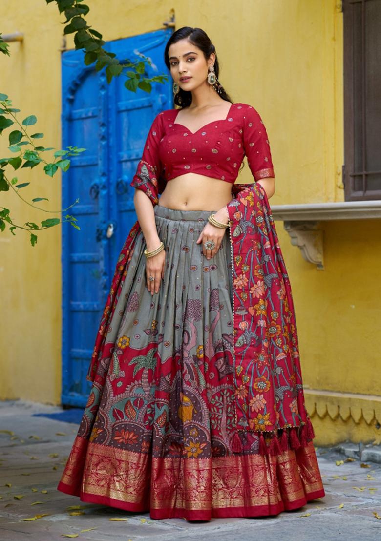 Grey Printed Silk Blend Lehenga Set - Indya