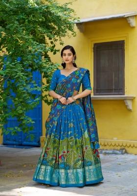Teal Printed Silk Blend Lehenga Set