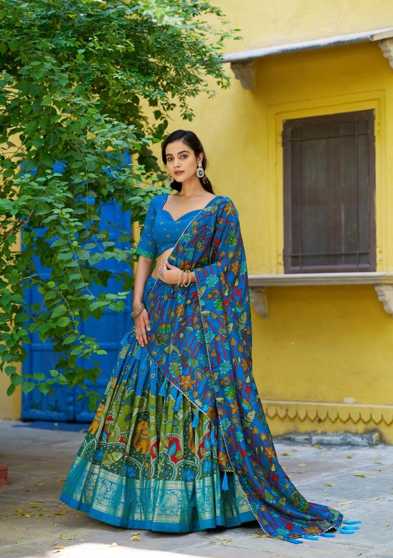 Teal Printed Silk Blend Lehenga Set - Indya