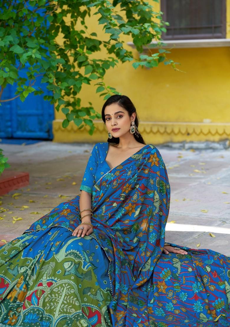 Teal Printed Silk Blend Lehenga Set - Indya