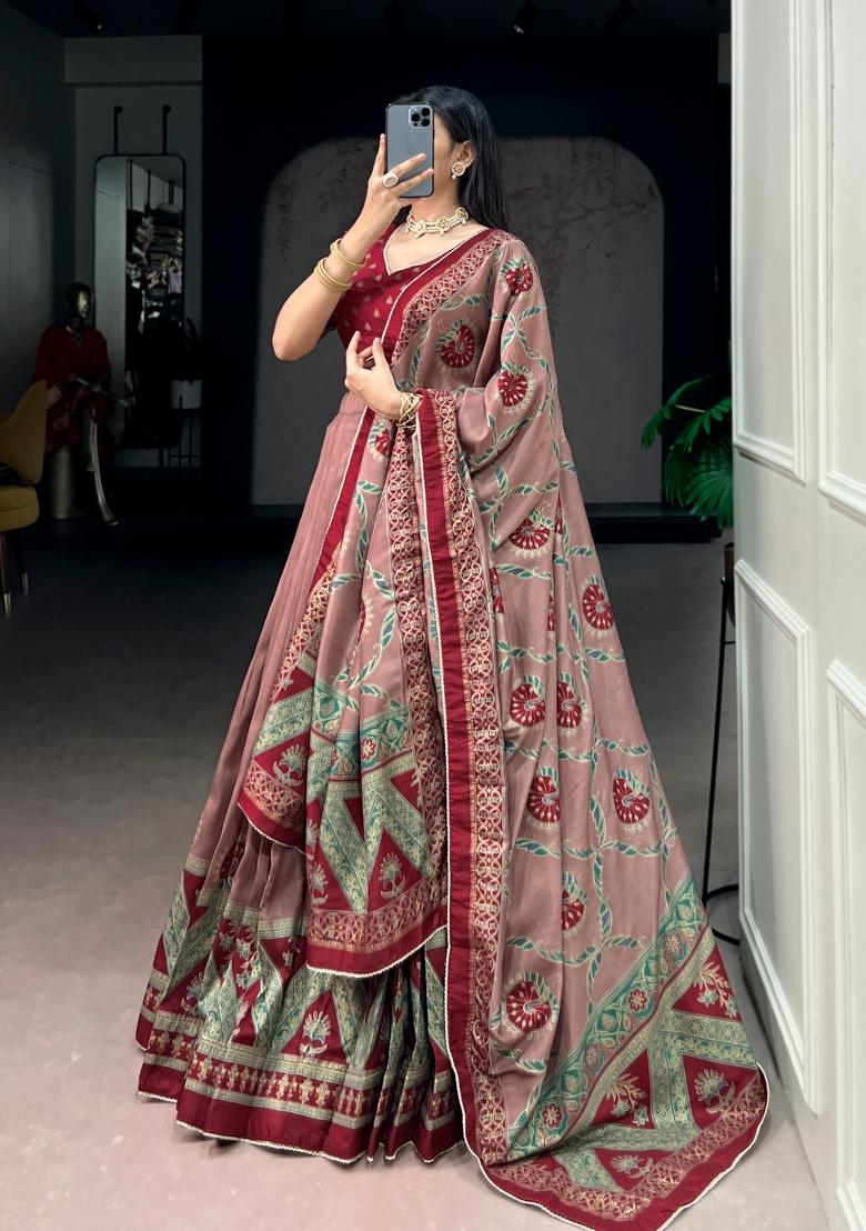 Maroon Lace Work Silk Blend Lehenga Set - Indya