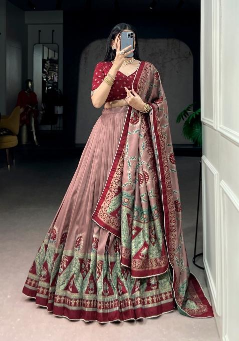 Maroon Lace Work Silk Blend Lehenga Set