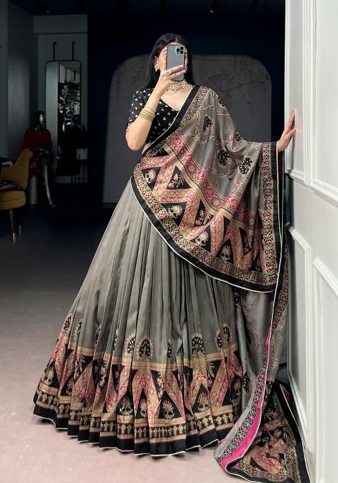 Black Lace Work Silk Blend Lehenga Set
