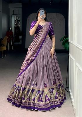 Purple Lace Work Silk Blend Lehenga Set