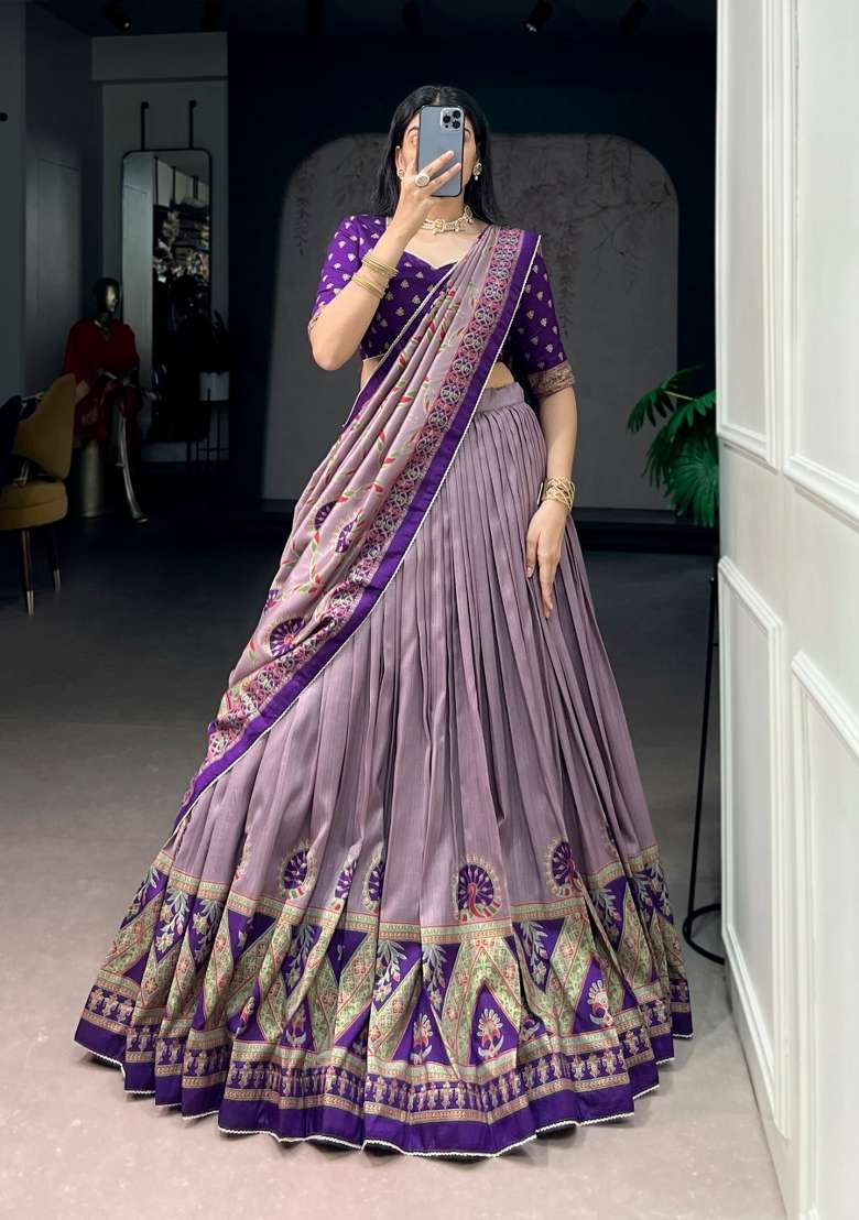 Purple Lace Work Silk Blend Lehenga Set for Diwali and Festive Wear - Indya