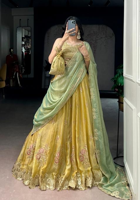 Yellow Sequin Work Silk Blend Lehenga Set