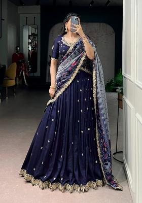 Blue Sequin Work Silk Blend Lehenga Set