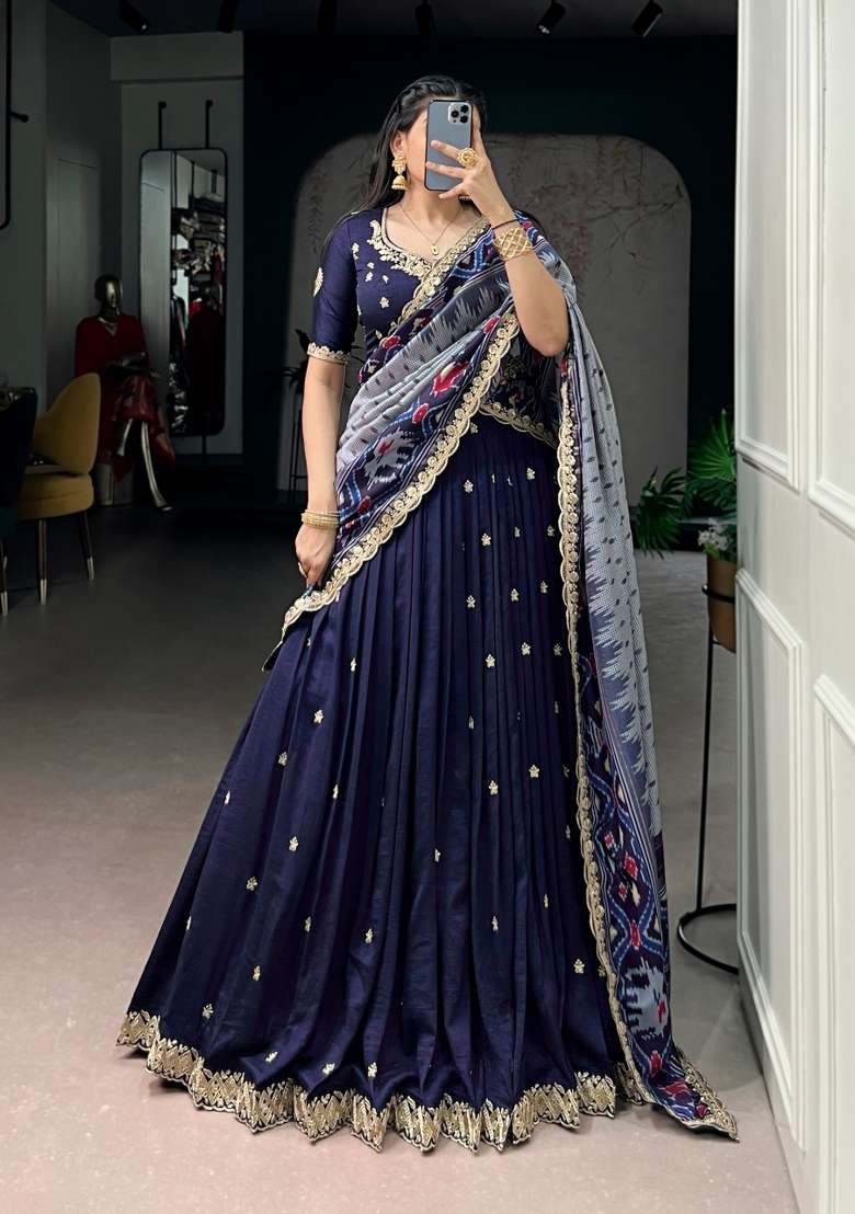Blue Work Silk Blend Lehenga Set with Sequin for Diwali | Wedding & Festive Wear - Indya