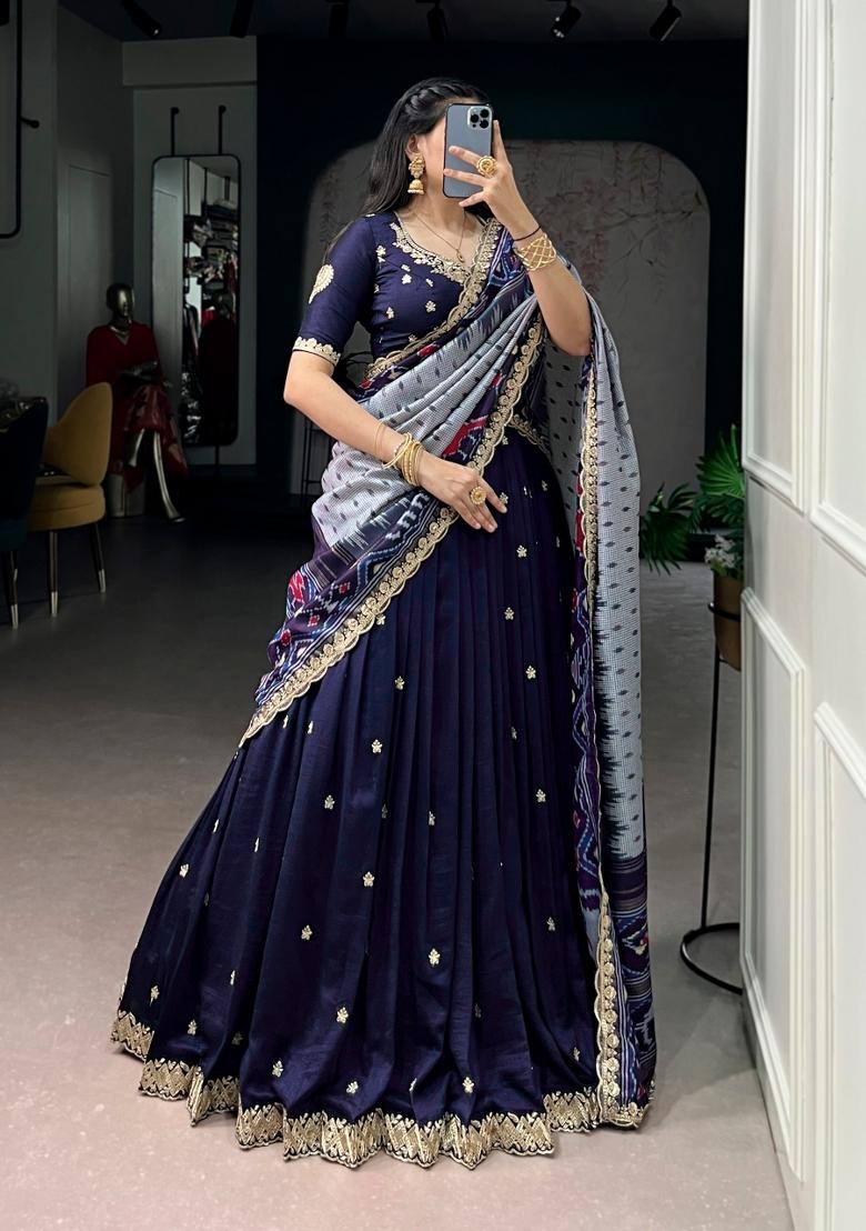 Blue Sequin Work Silk Blend Lehenga Set - Indya