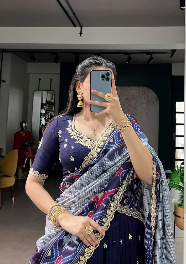 Blue Work Silk Blend Lehenga Set with Sequin for Diwali | Wedding & Festive Wear - Indya