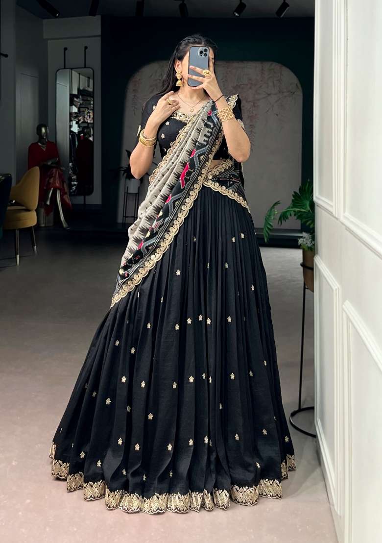 Black Work Silk Blend Lehenga Set with Sequin for Diwali | Wedding & Festive Wear - Indya