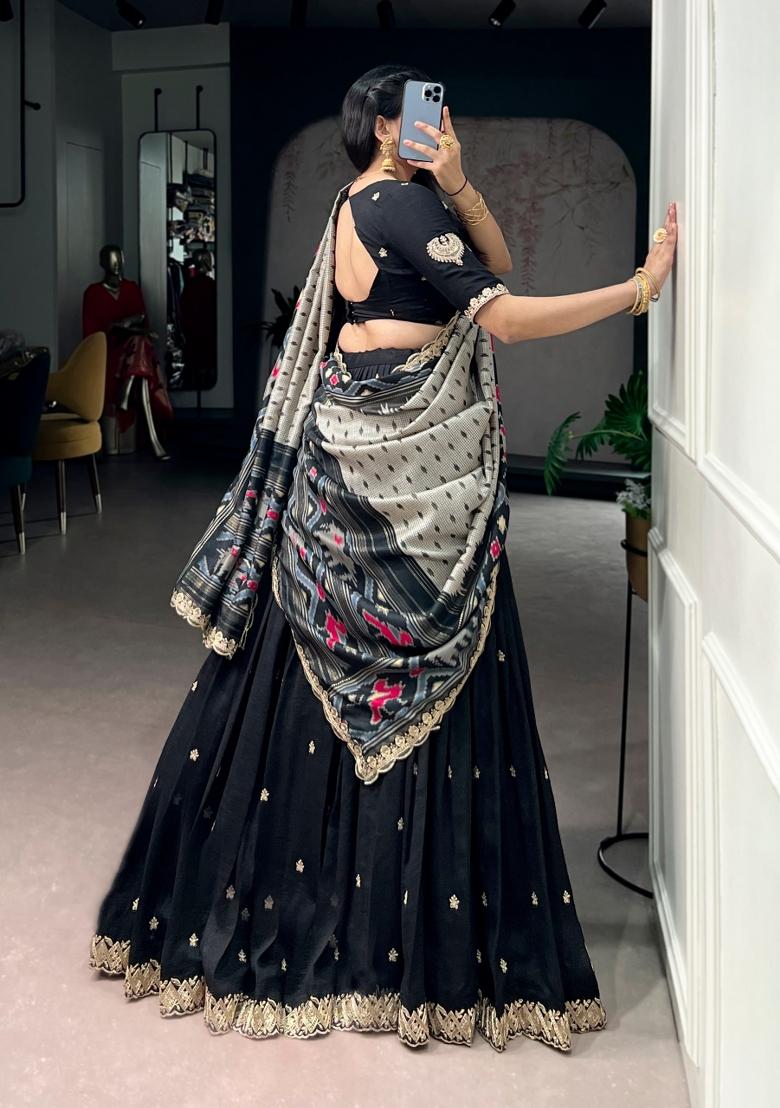 Black Sequin Work Silk Blend Lehenga Set - Indya