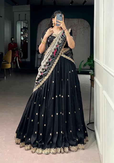 Black Sequin Work Silk Blend Lehenga Set