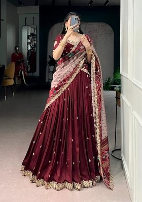 Maroon Sequin Work Silk Blend Lehenga Set