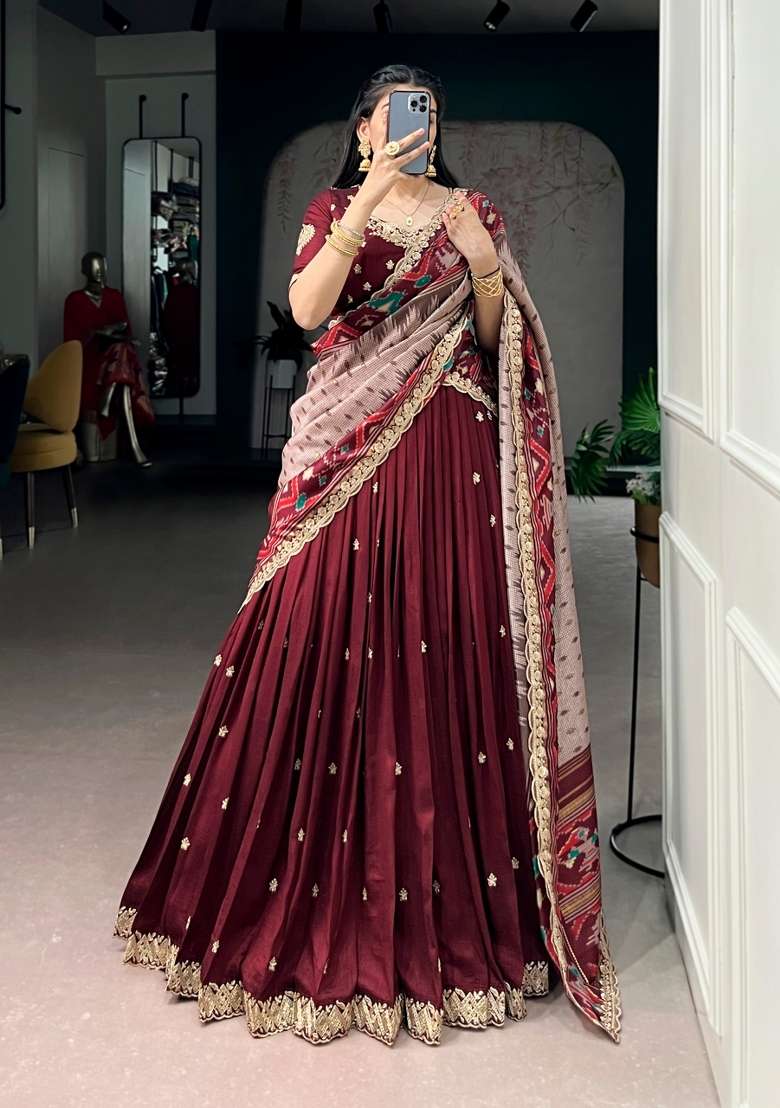 Maroon Work Silk Blend Lehenga Set with Sequin for Diwali | Wedding & Festive Wear - Indya