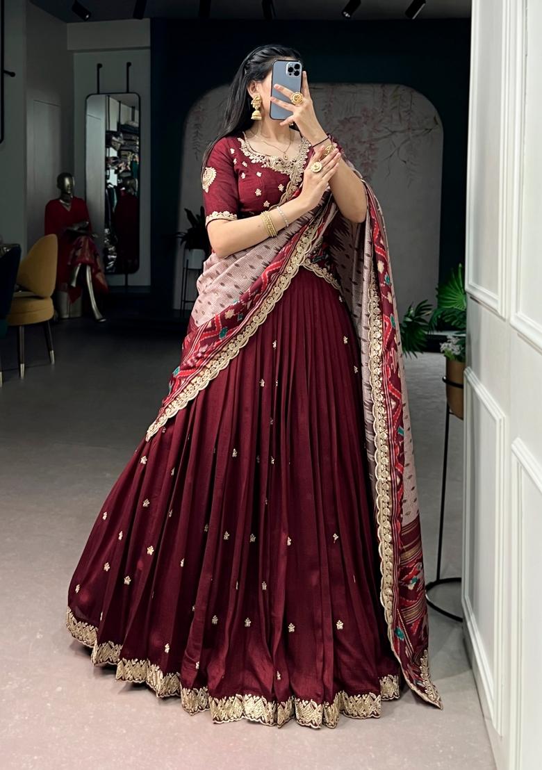 Maroon Sequin Work Silk Blend Lehenga Set - Indya