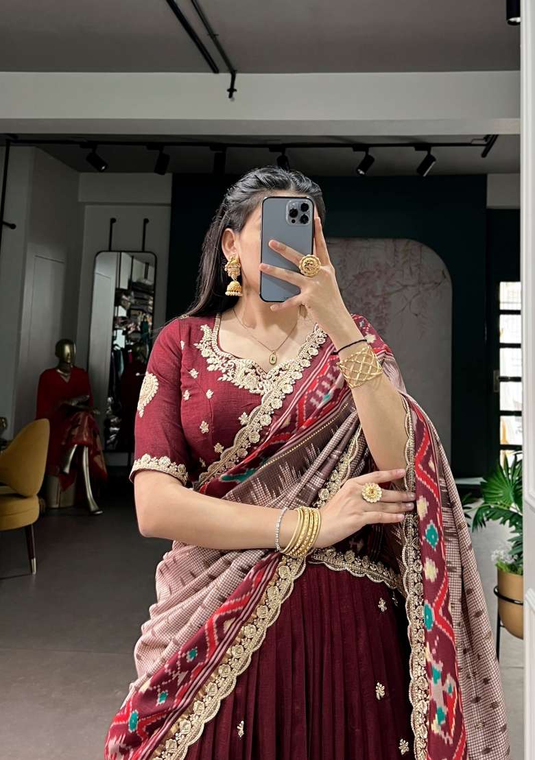 Maroon Work Silk Blend Lehenga Set with Sequin for Diwali | Wedding & Festive Wear - Indya