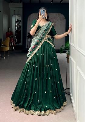 Green Sequin Work Silk Blend Lehenga Set