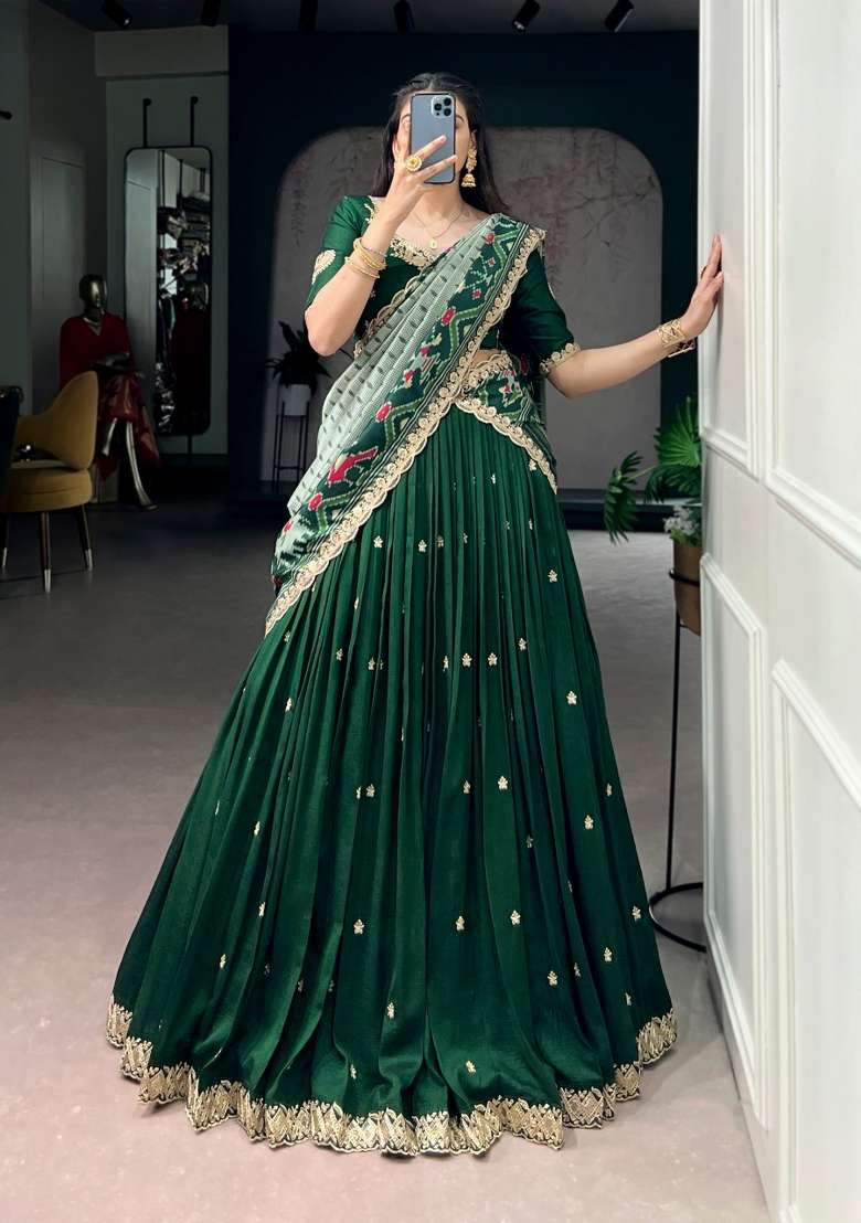 Green Sequin Work Silk Blend Lehenga Set for Diwali and Festive Wear - Indya