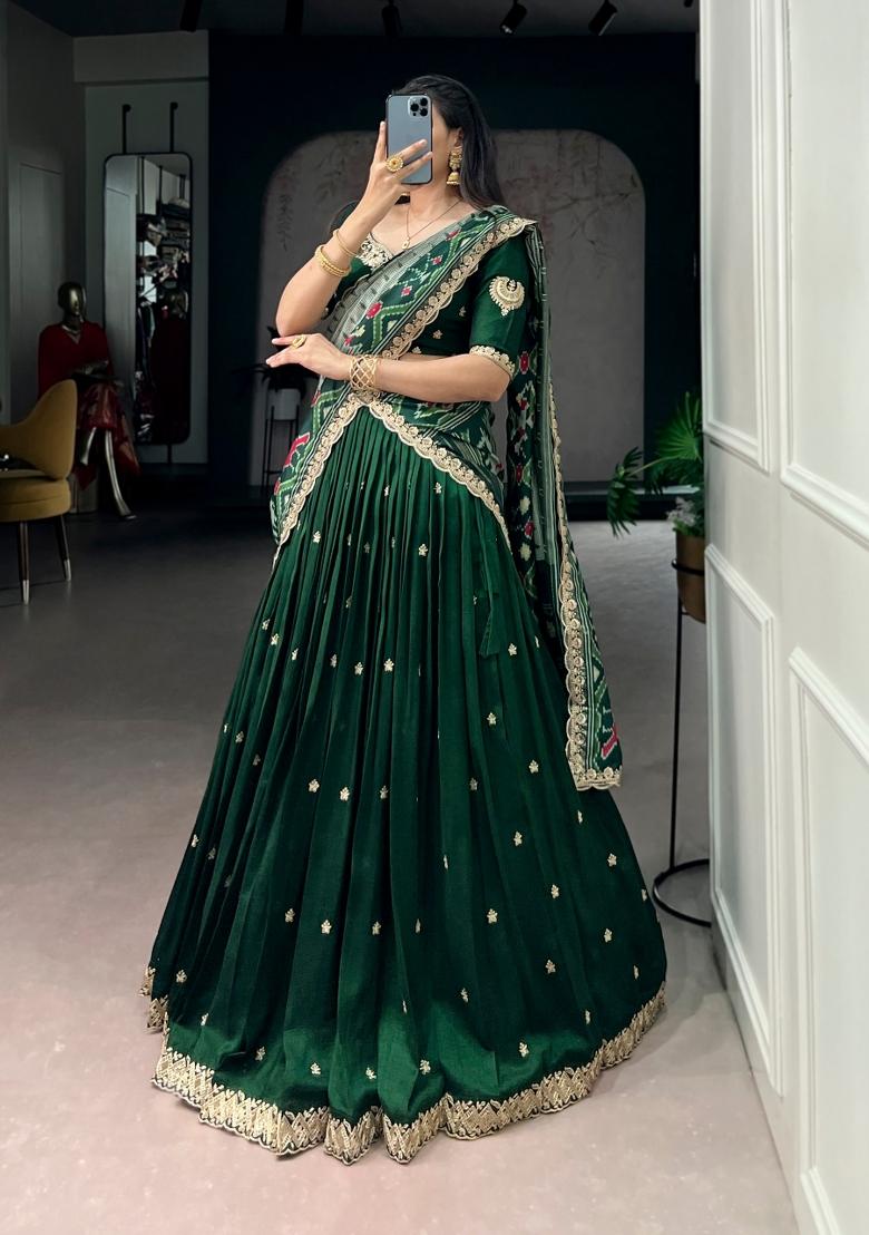 Green Sequin Work Silk Blend Lehenga Set - Indya