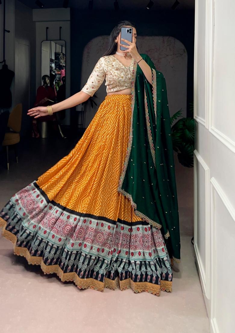 Yellow Lace Work Silk Blend Lehenga Set - Indya