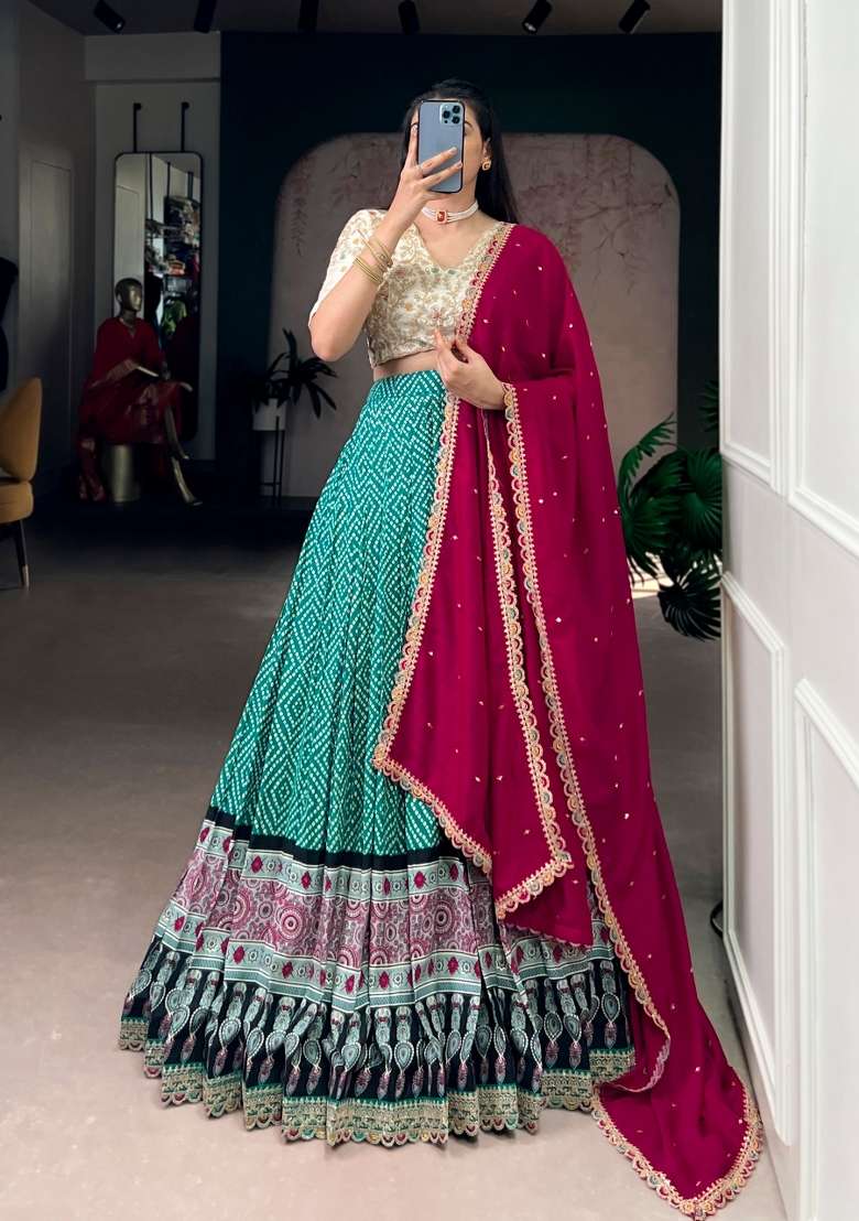 Blue Lace Work Silk Blend Lehenga Set for Diwali | Wedding & Festive Wear - Indya