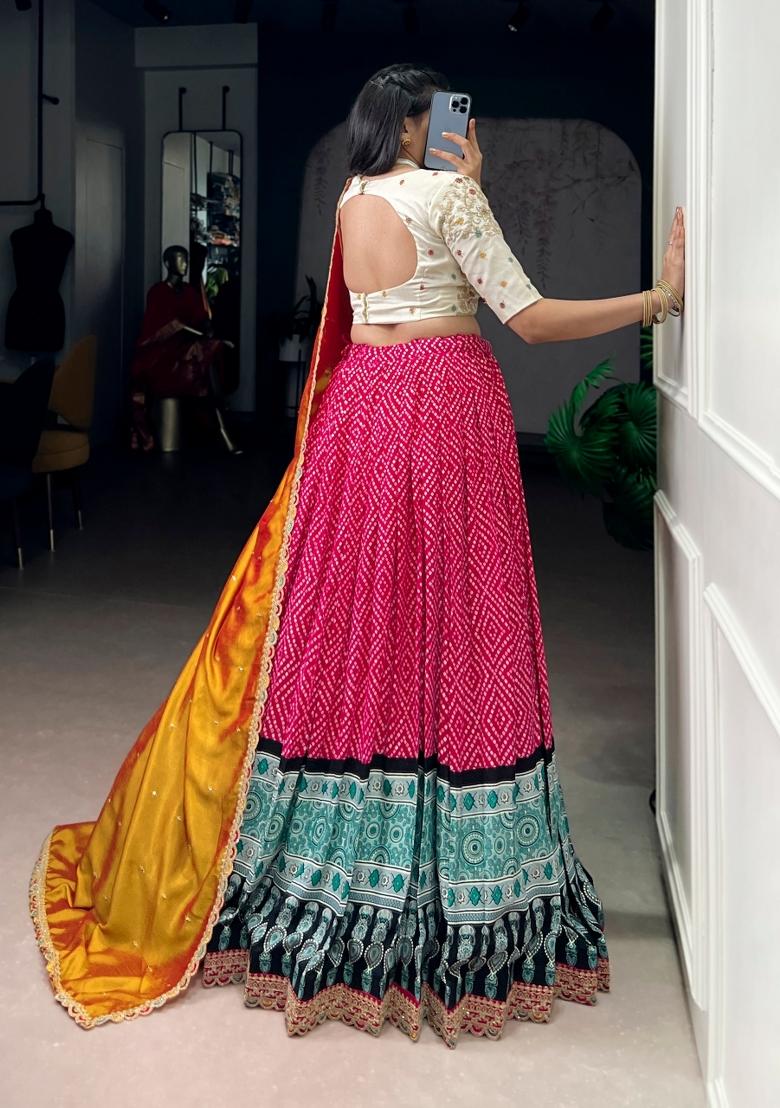 Pink Lace Work Silk Blend Lehenga Set - Indya