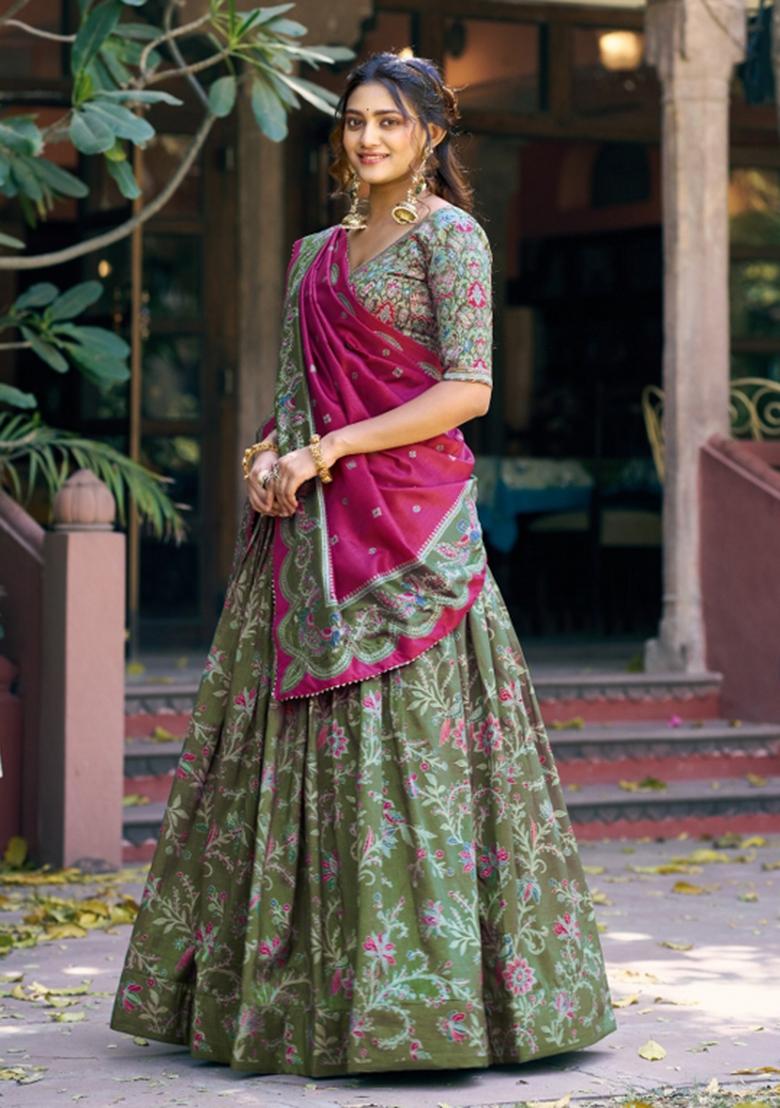 Green Printed Silk Blend Lehenga Set - Indya