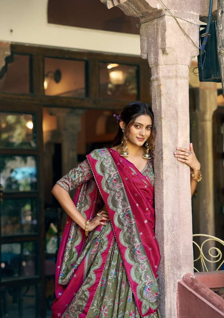 Green Printed Silk Blend Lehenga Set for Diwali and Festive Wear - Indya