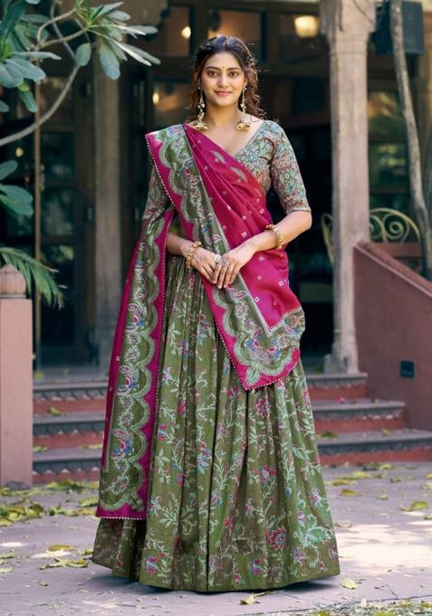 Green Printed Silk Blend Lehenga Set
