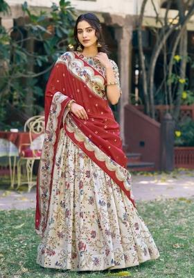 Beige Printed Silk Blend Lehenga Set