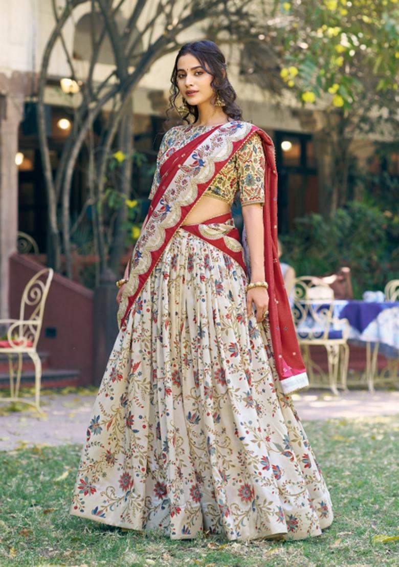 Beige Printed Silk Blend Lehenga Set - Indya