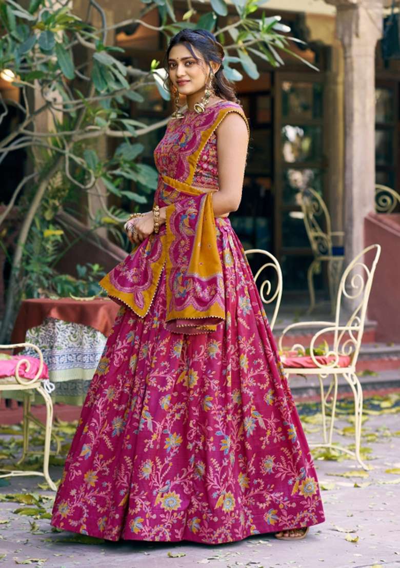 Pink Silk Blend Lehenga Set with Printed for Diwali | Wedding & Festive Wear - Indya