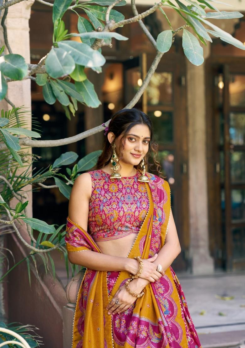 Pink Printed Silk Blend Lehenga Set - Indya