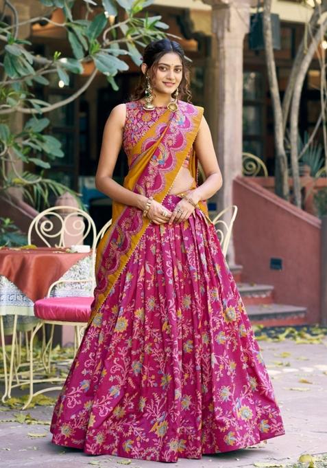 Pink Printed Silk Blend Lehenga Set