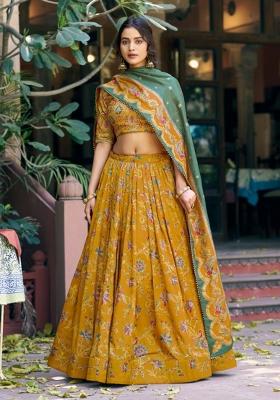 Yellow Printed Silk Blend Lehenga Set