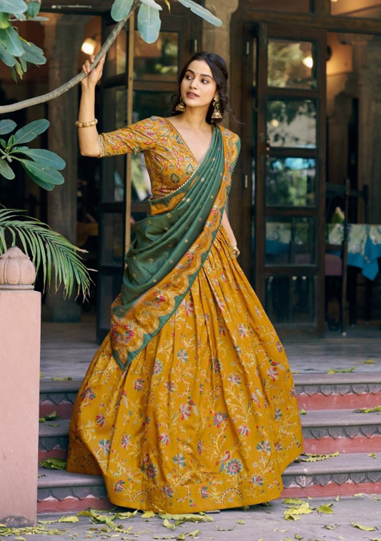 Yellow Printed Silk Blend Lehenga Set - Indya