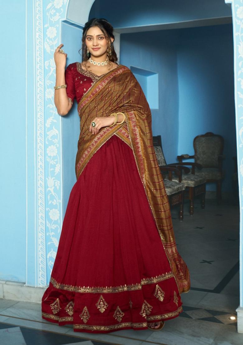 Maroon Sequin Work Silk Blend Lehenga Set - Indya