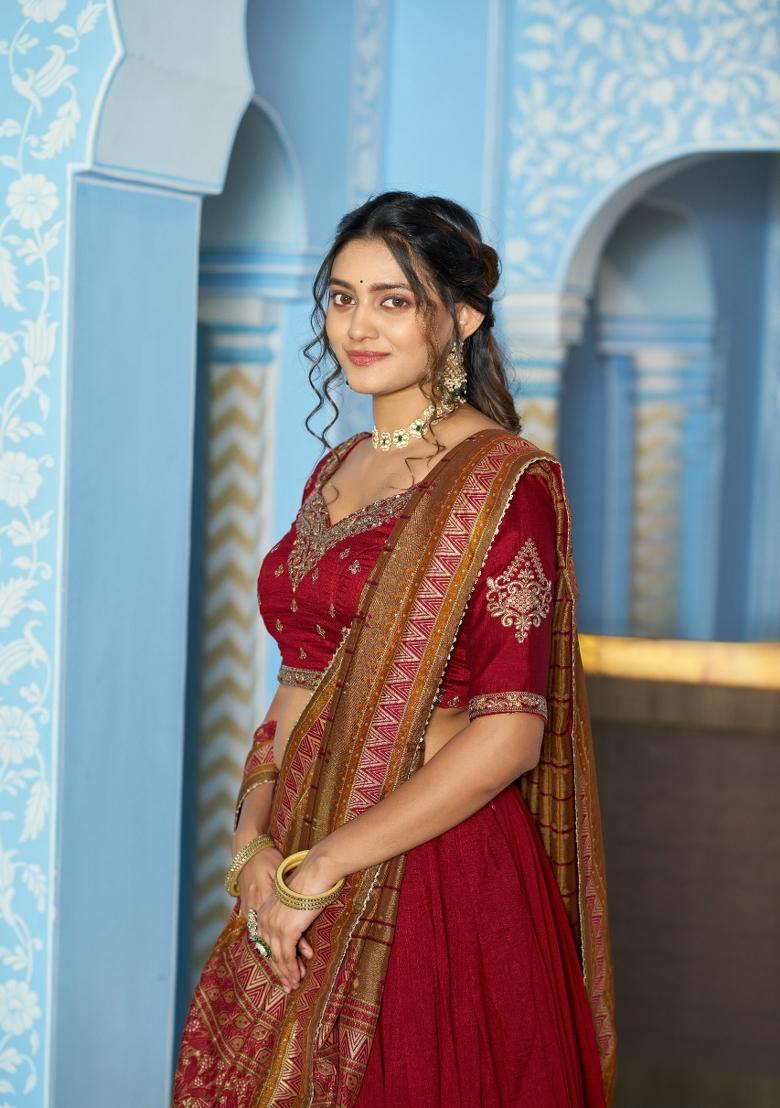 Maroon Sequin Work Silk Blend Lehenga Set - Indya